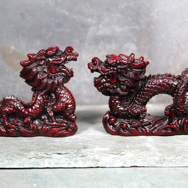 Pair of Red Dragon Figurines | Feng Shui Dragons | Red Burgundy Resin | Lucky Red Dragons 