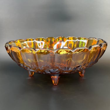 Indiana Glass Harvest Grape Carnival Glass Footed Amber Oval Bowl - Unique Vintage Kitchenware 