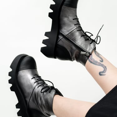 Chunky Lace Up Gunmetal Leather Boot