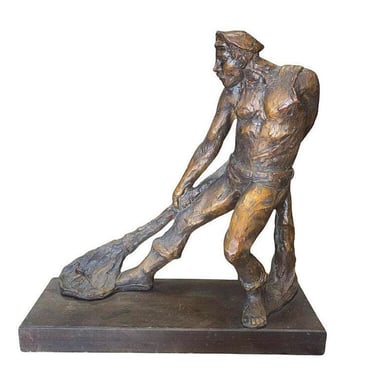 Rare Modern Fisherman w/ Net Large Plaster Sculpture on Wood Base By Kimro 1969 