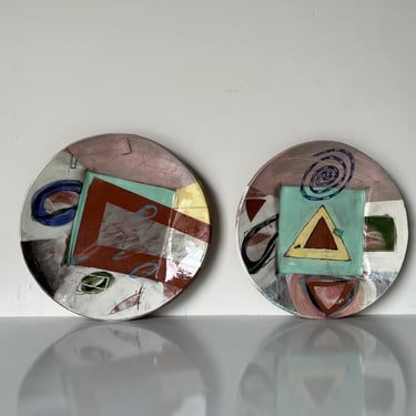 1980's Postmodern Larry H. Hand Painted Wall Art Plates - a Pair 