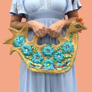 Vintage Straw Bag Retro 1970s RARE + Chicken Shape + Bohemian + Flowers + Raffia + Bahamas + Top Handle Bag + Purse + Womens Accessories 