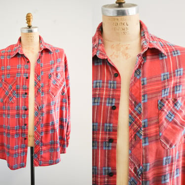 1980s Super Worn Red Plaid Flannel Shirt 