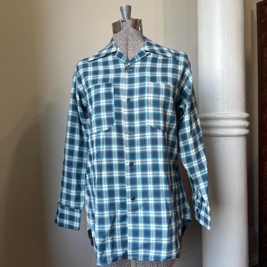 1940’s/1950’s blue and white plaid loop neck collared button down shirt 