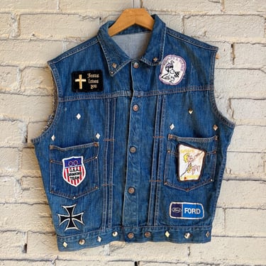 Med, Vintage 1960s Denim Biker Vest, Patches, Lucky 13 