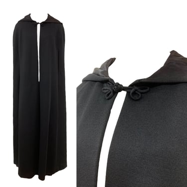 Vtg Vintage 1970s 70s Designer Mandarin Knot Ren Fest Hooded Black Cape Cloak 