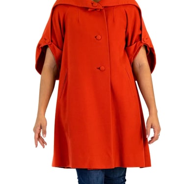 1950S Don Loper Tomato Red Wool 3/4 Sleeve Coat With Giant Picture Collar 