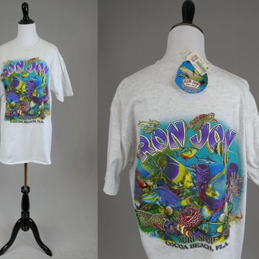 90s NWT Ron Jon Surf Shop Tee - Coral Reef Front and Back Ocean Print T-shirt - Tropical Fish Design - Heather Gray - Vintage 1990s - L 