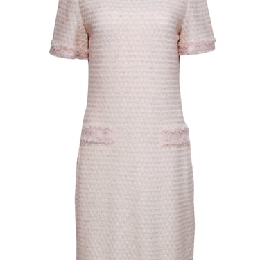 St. John - Light Pink & Cream Tweed Sheath Dress w/ Fringe Accents Sz 12