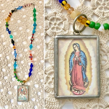 Our Lady Guadalupe Necklace, Natural Stones, Glass Beads, BVM, Nuestra Senora, Religious, Catholic 
