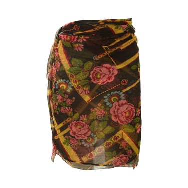 John Galliano Black Floral Print Wrap Skirt