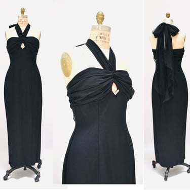 90s Vintage Black Prom Dress Size Small Sleeveless long Dress Cut out // 90s Cut Out Dress Body Con in Black Rhinestone Evening gown Small 