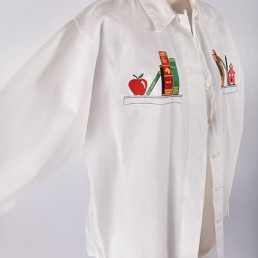 80's Crisp white Cotton Schoolteacher Embroidered Shirt Bechamel Size 10 Oxford Button Down 