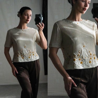 Vintage 80s ESCADA Ivory Silk Sequined Cropped Blouse w/ Gold Floral Embroidery | Made in India | 100% Silk | 1980s Designer Bohemian Top 