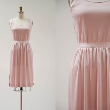 blush pink skirt set | 70s 80s vintage dusty rose silky tank top knee length skirt 2 piece set 