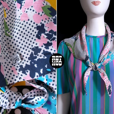 Unique Vintage 60s 70s Polka Dot & Floral Neck Scarf Tie 