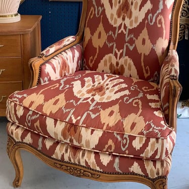 BAKER FURNITURE CHAIR WITH IKAT FABRIC | 41&quot; H X 28.5&quot; W X 31&quot; D
