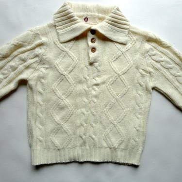 Vintage Long Sleeve Ivory Cable Knit Pullover Quarter Button Collared Fisherman Sweater Kings Road for Sears Gender Neutral Unisex Men's L 