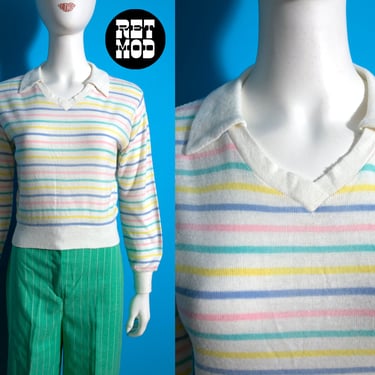 Soft & Adorable Vintage 70s 80s Pastel Rainbow Stripe Collared Knit Top 