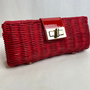 Bright red woven clutch purse glossy wicker handbag 60’s Mod retro inspired style~ y2k trends 