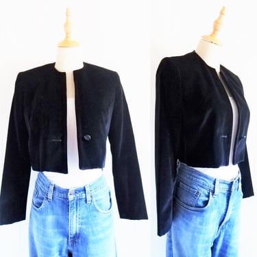1980's Black Velvet Bolero Jacket I Suit Coat l Sz Sm I Collarless 