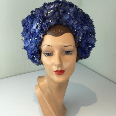 The Spritely Dance of Cornflowers - Vintage 1950s Cornflower Blue Dome Halo Floral Hat 