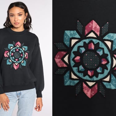 80s Mandala Sweatshirt GEOMETRIC PRINT Sweatshirt Black Slouchy Graphic Shirt Pullover 90s Statement Jumper Vintage Medium 