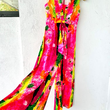 Vintage 60s Rainbow Day Glo Hawaiian Jumpsuit Psychedelic Hawaii Neon 70s  Bright Floral Dress One Piece 