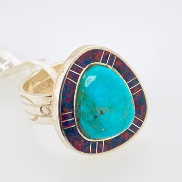 David R Freeland Jr Artisan Turquoise Lab Opal Inlay Sterling Silver Ring Sz 7.5 