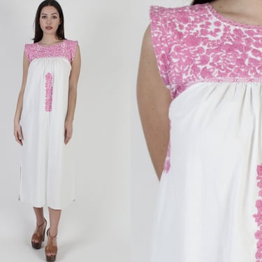 Traditional White Oaxacan Dress / Mexican All Pink Floral Embroidery / Hand Embroidered Womens Maxi Dress 