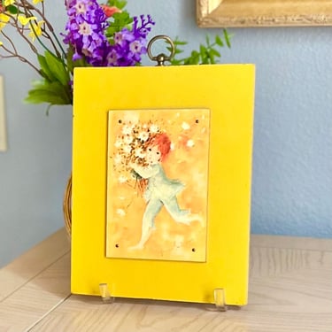 Bright Bouquet Wall Art, Child Holding Flowers, Elf, Sprite, Signed, Vintage 60s 70s Mid Century Decor 