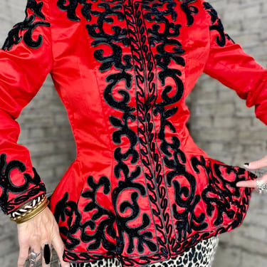 Heavily Embellished Satin Jacket with Flounce Waist, Vintage Matador Jacket 
