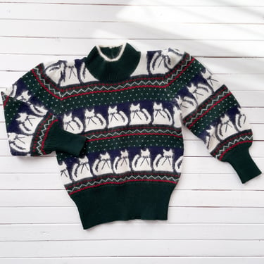 Christmas sweater 80s vintage Lord and Taylor green white cat angora sweater 