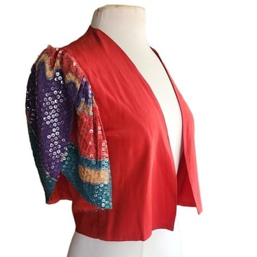 80s Cropped Jacket Red Silk + Sequined Sleees Sansappelle 