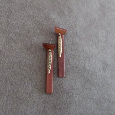 Long bronze and wooden minimalist dangle earrings 