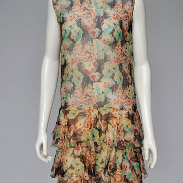 antique vintage 1920s floral silk chiffon dress w/ ruffles XS 
