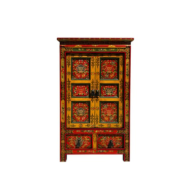 Tibetan Orange Yellow Jewel Floral Tall End Table Nightstand Cabinet cs7625E 