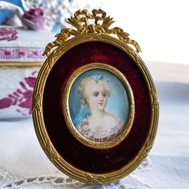 19th Century signed portrait miniature, Antique watercolor on ivory, Victorian woman in gilt gold French ormolu easel frame 