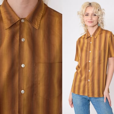 70s Striped Shirt Brown Mustard Yellow Retro Button Up Pointed Collar Top Retro Distressed Preppy Short Sleeve Vintage 1970s Men's Small 
