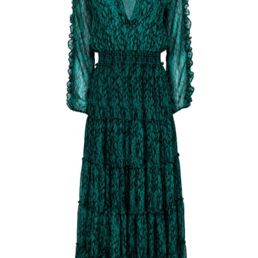 MISA Los Angeles - Green &amp; Black Tiered Maxi Dress w/ Ruffles Sz XS