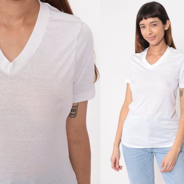 White V Neck Shirt 80s Distressed Burnout Tee Shirt Plain Tshirt Vintage Tee Cotton Poly Semi-Sheer Thin T Shirt 1980s Small S 