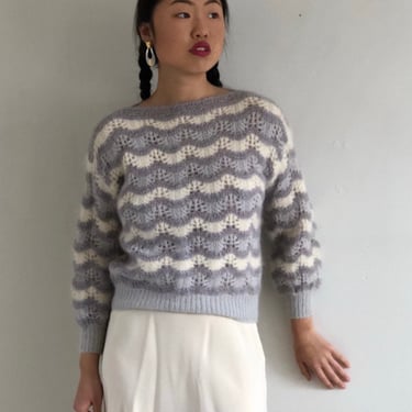 90s handknit mohair angora sweater / vintage handknit mohair angora chevron boat neck pastel pointelle cropped sweater | Medium 