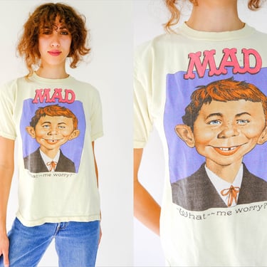 Vintage 80s Alfred E Nueman Mad Magazine Light Yellow Distressed Single Stitch Tee Shirt | Distressed, Cotton | 1980s MAD Pop Art T-Shirt 