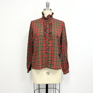 Vintage Prairie Blouse | 1980s  Plaid Long Sleeve Ruffle Front Blouse | Size 16 