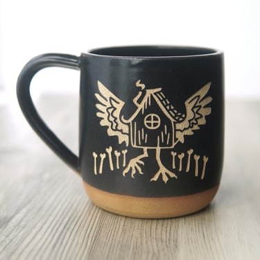 Baba Yaga Mug - hut with chicken legs engraved rustic pottery 