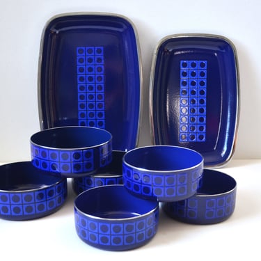 Vintage Mid Century Blue Enameled Op Art Trays and Bowld by Silit, West Germany 