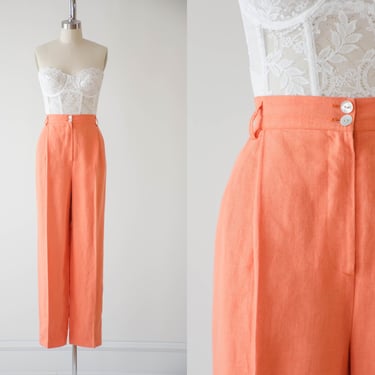high waisted pants | 80s 90s vintage bright orange linen straight leg pleated trousers 
