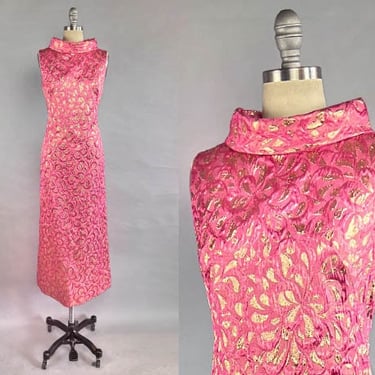 1960s Pink Dress / Gold and Pink Metallic Brocade Gown  / Gold Lamé / Hot Pink Lamé / Blistered Brocade / Size Medium 