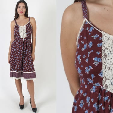 Burgundy Calico Floral Lace Up Corset Dress, Lightweight Spaghetti Strap Mini Sundress, Prairiecore Boho Wedding Outfit 