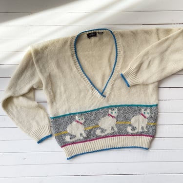 cat sweater 80s vintage cream blue pink knit sweater 